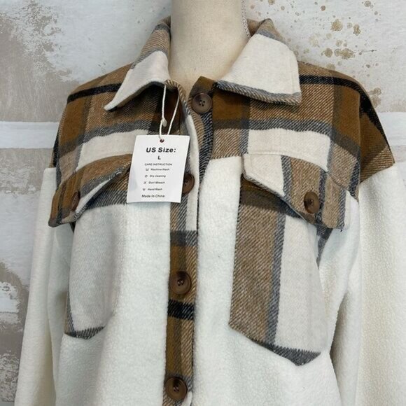 Plaid Brushed Flannel Shacket Sherpa Patchwork Button Down (NWT) Size Large - Picture 2 of 2